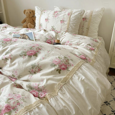 Rose Vintage French Pleated Floral Pastoral Duvet Cover Set, Cotton Bedding Set